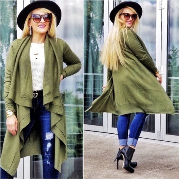 MODA ME COUTURE Sweaters - JOSIE Green Cardigan Waterfall Front